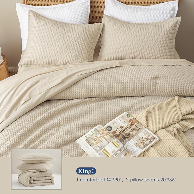 David's Home Waffle Weave Comforter Set 3PCS King Size, Soft Breathable Lightweight Cozy Skin-Friendly Warm for All Season, Elegant Aesthetic Home Decor Bedding Set with Pillow Shams, Linen