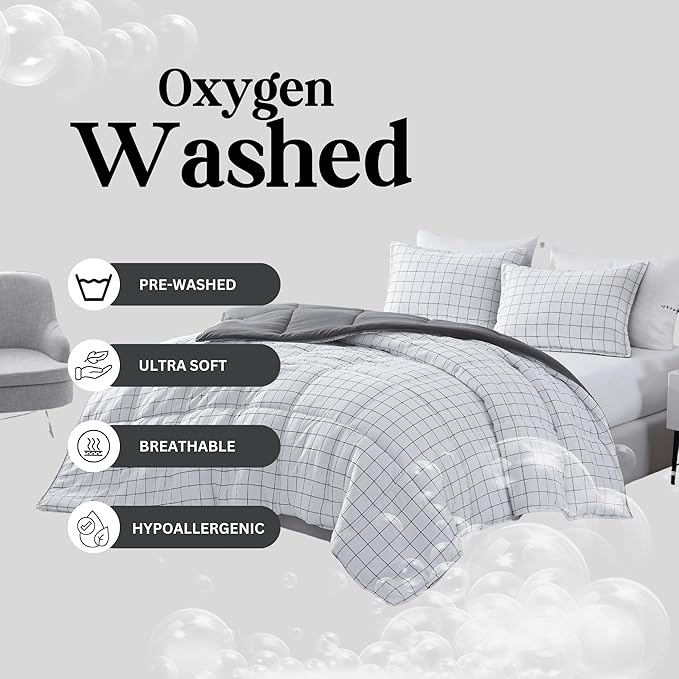 Casa Platino Queen Comforter Set - Pre-Washed Duvet Insert & 2 Pillow Shams - Brushed Microfiber Windowpane