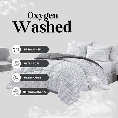 Casa Platino Queen Comforter Set - Pre-Washed Duvet Insert & 2 Pillow Shams - Brushed Microfiber Windowpane
