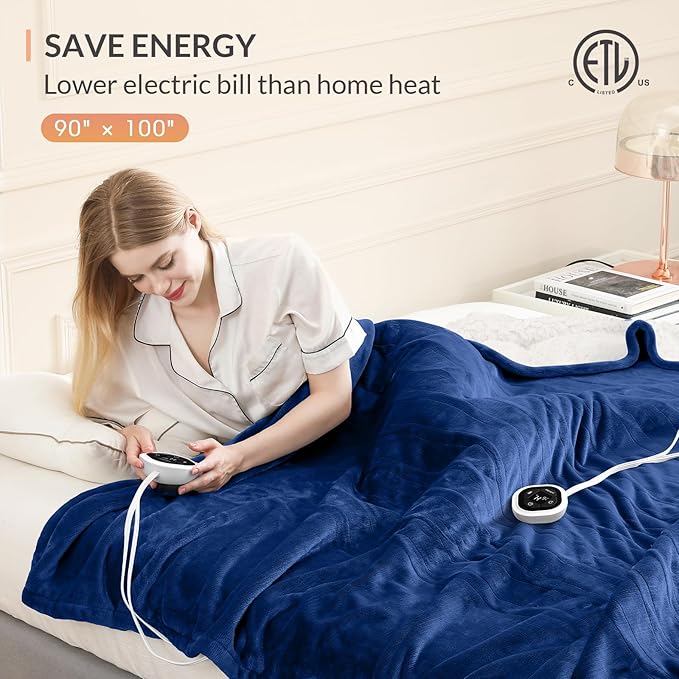 HOMLYNS LuxeHeat Heated Blanket Electric Blanket King Size, Soft Flannel Sherpa Heating Blanket with 10 Heat Settings, 1-10 hrs Timer Auto Shut Off (90x100 inches, Navy)