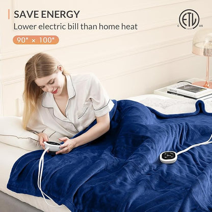 HOMLYNS LuxeHeat Heated Blanket Electric Blanket King Size, Soft Flannel Sherpa Heating Blanket with 10 Heat Settings, 1-10 hrs Timer Auto Shut Off (90x100 inches, Navy)