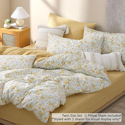Natural Cotton 2pcs Floral Comforter Sets Twin Size-Yellow Comforter with Pink & Yellow Flowers and Blue & Green Leaves on White, Reversible Lightweight Bedding Sets(Twin 68"×90")