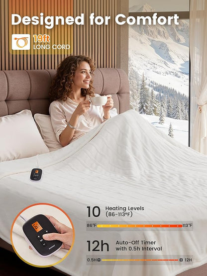 WOOMER Heated Blanket Full Size 77" x 84", Electric Blanket with 0.5-12 Hours Timer & 10 Heating Levels, ETL Certified, White Double-Sided Velvet, Over-Heat Protect, Machine Washable