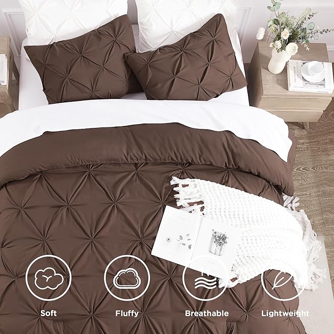 Andency Brown Pinch Pleat Comforter Twin(66x90Inch), 2 Pieces(1 Down Alternative Comforter and 1 Pillowcase) Bed Set Microfiber Pintuck Bedding Set