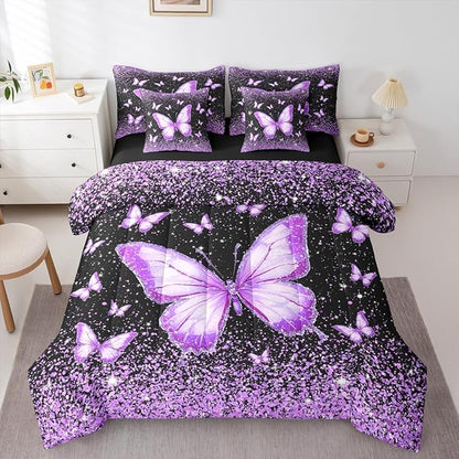 Feelyou Purple Butterfly 7 Piece Bedding Set Glitter Print Comforter Set with Sheets for Kids Boys Girls Pretty Animal Bed in a Bag Beautiful Butterfly Bed Set Soft Lightweight