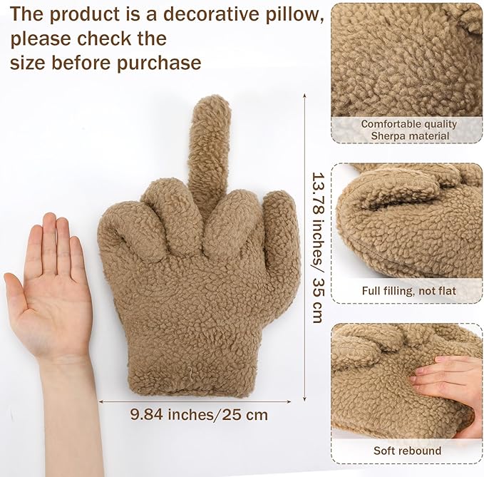 Menkxi Small Middle Finger Decorative Pillow 13.78 x 9.84 in Funny Shaped Sherpa Fleece Throw Pillow Warm Soft Emoticon Cushion Middle Finger Decor for Couch Gag Gift(Light Brown)