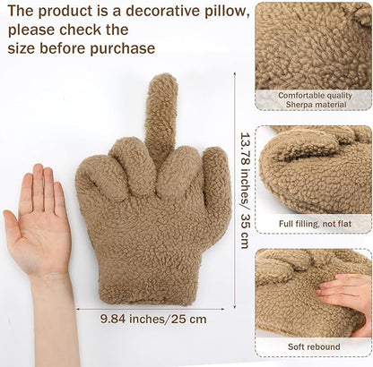 Menkxi Small Middle Finger Decorative Pillow 13.78 x 9.84 in Funny Shaped Sherpa Fleece Throw Pillow Warm Soft Emoticon Cushion Middle Finger Decor for Couch Gag Gift(Light Brown)