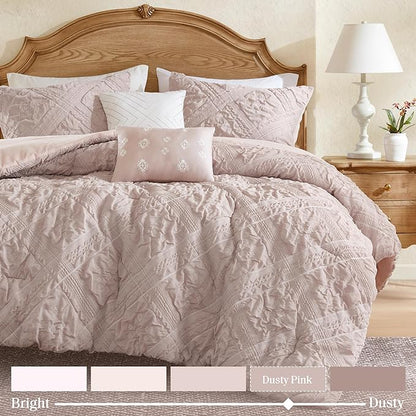 Madison Park Shabby Chic Comforter Set 5-Piece King Size, Puffy Seersucker Textured Grid Pattern Boho Bedding,Dusty Pink Plaid Comforter with 2 Shams & 2 Decorative Pillows