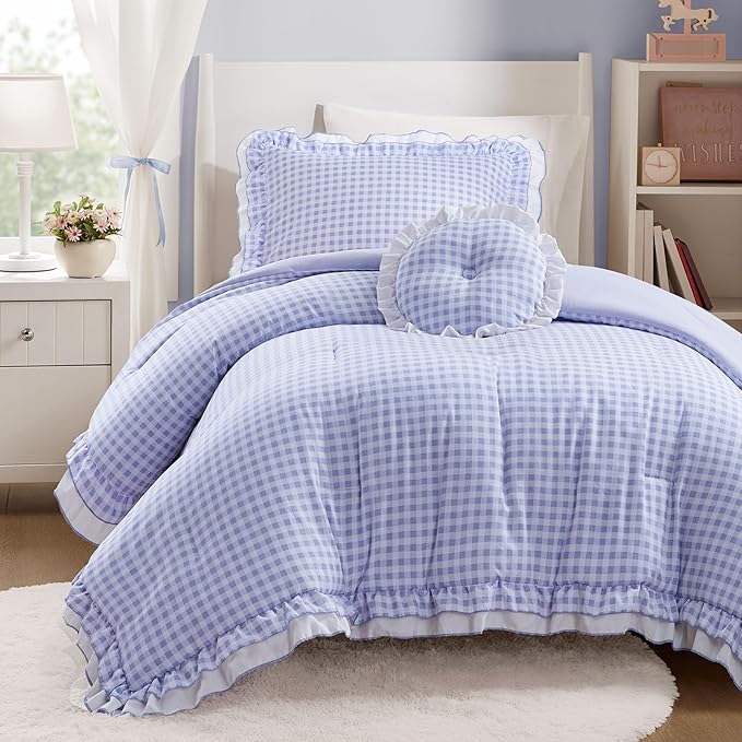 Intelligent Design Rowena Twin Comforter Set – Blue Gingham Ruffled Bedding, Vintage Farmhouse Style, Reversible All Season 3-Piece Bedding Set, Twin/Twin XL, Gift for Her