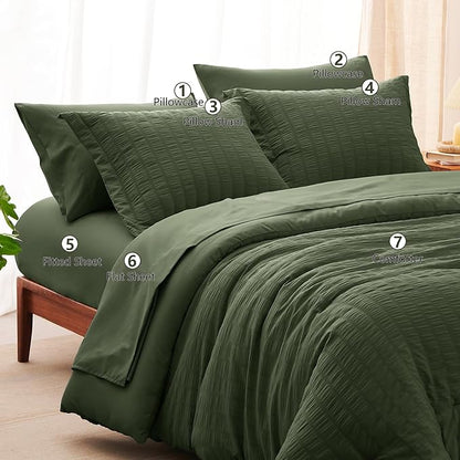 CozyLux Twin Comforter Set with Sheets 5 Pieces, Olive Green Seersucker Textured Bed in a Bag, Luxury Soft Bedding Set with Down Alternative Comforter, Sheets, Pillowcases & Shams for All Seasons