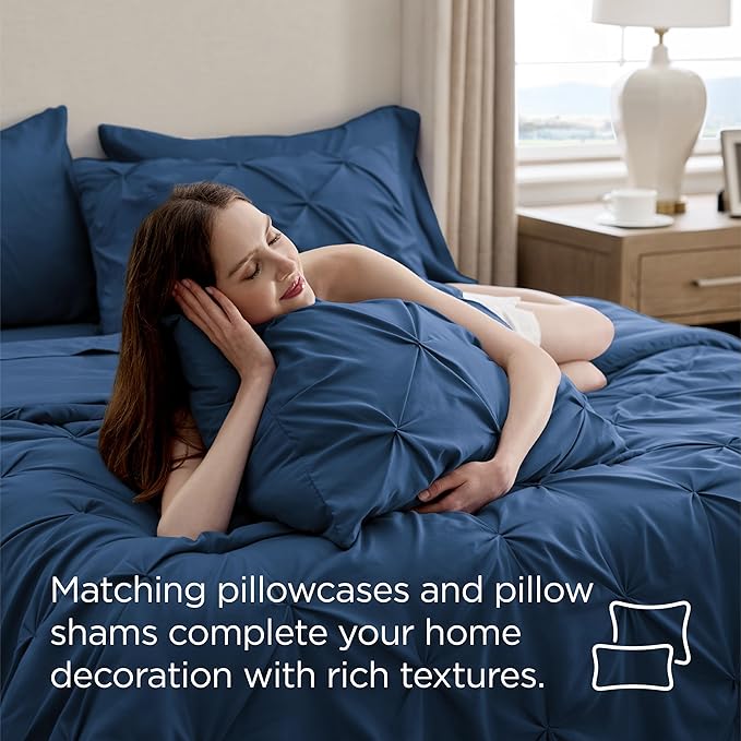 Bedsure California King Comforter Set Navy - Bed in a Bag Cal King Bedding Set 7 Pieces, GentleSoft™ Pintuck Bed Set Gift for Family, Pinch Pleat Navy Comforter with Sheets, Pillowcases & Shams