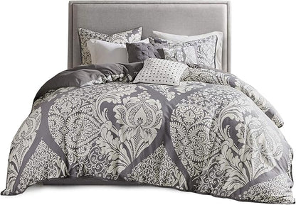 Madison Park Vienna Sateen Cotton Comforter Set, Breathable, Soft Cover, Trendy, All Season Down Alternative Cozy Bedding with Matching Shams, California King, Grey 7 Piece