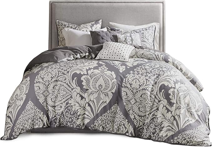 Madison Park Vienna Sateen Cotton Comforter Set, Breathable, Soft Cover, Trendy, All Season Down Alternative Cozy Bedding with Matching Shams, Queen, Grey 7 Piece