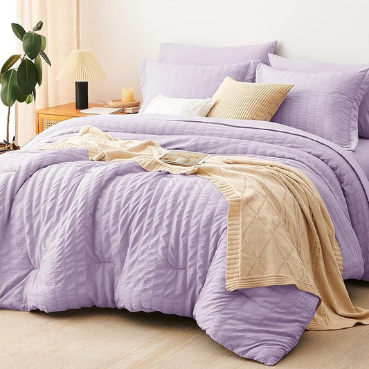 CozyLux Queen Seersucker Comforter Set with Sheets Light Purple Bed in a Bag 7-Pieces All Season Lavender Bedding Sets with Comforter, Pillow Sham, Flat Sheet, Fitted Sheet, Pillowcase