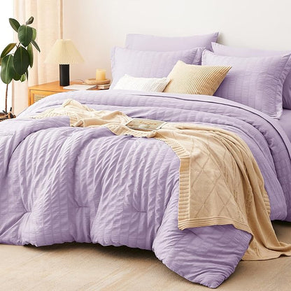 CozyLux Full Seersucker Comforter Set with Sheets Light Purple Bed in a Bag 7-Pieces All Season Lavender Bedding Sets with Comforter, Pillow Sham, Flat Sheet, Fitted Sheet, Pillowcase