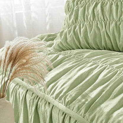 Bonlino Queen Comforter Set Green Bedding - Ruched Comforter Queen Size Bed Set Boho Shabby Chic Bedding for Bedroom Comforter Fluffy 3 Piece Ruffle Comforter Set Sage Green