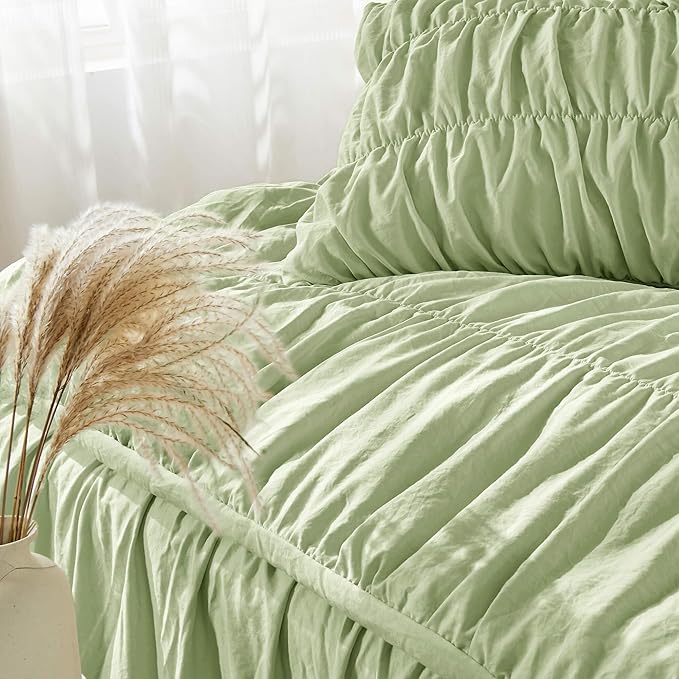 Bonlino King Size Comforter Set Bedding - Ruched Sage Green Comforter King Bed Set Boho Shabby Chic Bedding for Bedroom Comforter Fluffy 3 Piece Ruffle Comforter Set Green Luxury Bedding