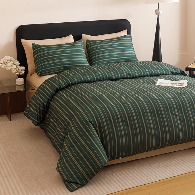 CLOTHKNOW Green Striped Queen Comforter Set Farmhouse Bedding Comforter Sets Ticking Comforter Queen Hunter Green Comforter Soft Boho