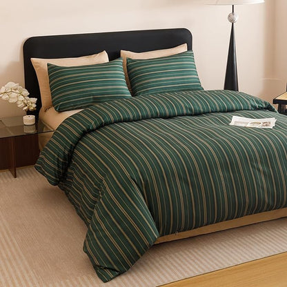 CLOTHKNOW Green Striped California King Comforter Set Farmhouse Bedding Comforter Sets Ticking Comforter with 2 x Pillow Cases