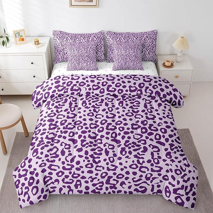Feelyou Cute Leopard Bedding Set for All Season Cheetah 7 Pieces Comforter Sets Queen Size Teens Room Decor Purple Animal Print Bed in a Bag with Comforter, Sheets, Pillowcases & Cushion Cover