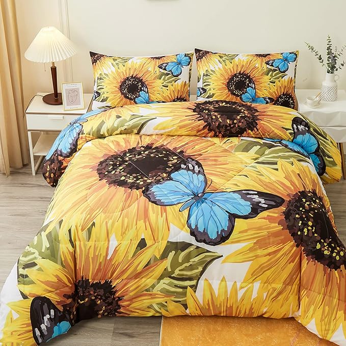 Sunflower Comforter Sets,Beautiful Seamless Pattern with Sunflower Blue Butterflies on White Background,Decorative Bedding Comforter Sets with 2 Pillow Shams, Queen Size