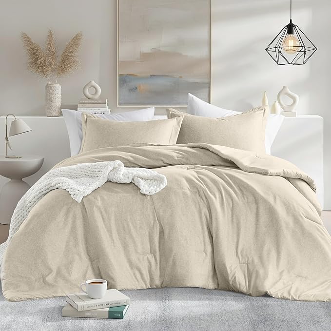King Size Comforter Set, Lightweight Neutral Soft Bedding for All Seasons, 3 Pieces Chambray Print Solid Farmhouse Bed Set, Comforter & Sham