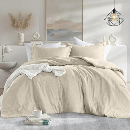 Full/Queen Size Comforter Set, Lightweight Neutral Soft Bedding for All Seasons, 3 Pieces Chambray Print Solid Farmhouse Bed Set, Comforter & Sham