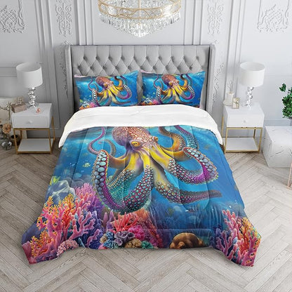 3D Octopus Comforter Set Full Size 3Pcs Nautical Ocean Bedding Set Seaweed Quilt Bed Set for Boys Girls with 1 Comforter and 2 Pillowcases
