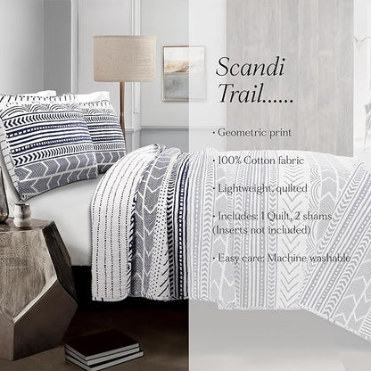 Lush Decor Hygge Geo Pattern Striped 3 Piece Quilt Bedding Set, King, Navy & White
