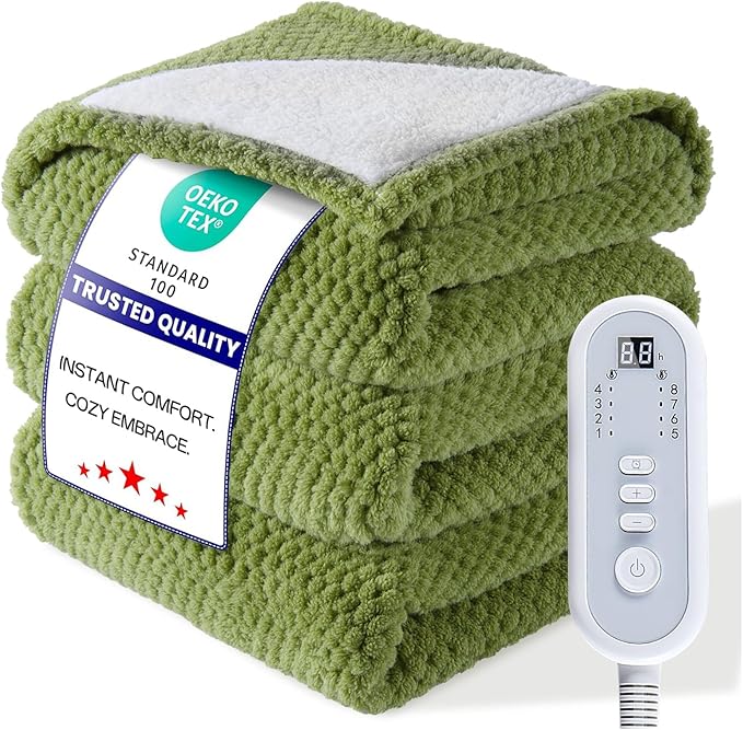 Heated Blanket Electric Blanket Full Size Fuzzy Fleece, 72" x 84" Soft Fluffy Fast Heating Blanket 8 Heating Levels & 10 Hours Auto Off with ETL & FCC Certification, Green