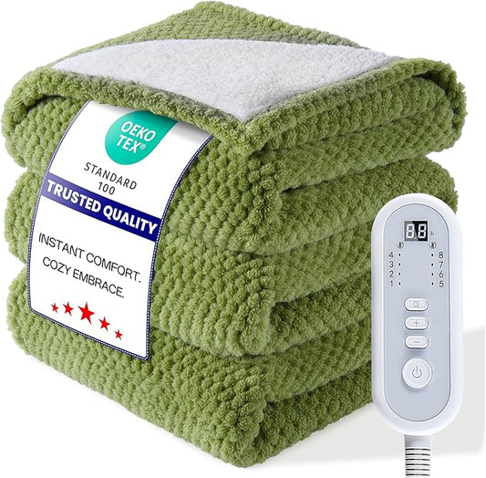 Heated Throw Electric Blanket, 50x60 Inches Fuzzy Fleece Blanket, Soft Fluffy Fast Heating Blanket 8 Heating Levels & 8 Hours Auto Off, Blanket with ETL & FCC Certification, Green