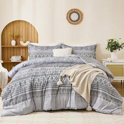 Goodidea Boho Comforter Set Queen Size 3 Piece Grey Bohemian Striped Comforter Soft Lightweight Microfiber Bedding Set with 2 Pillow Shams for All Season (Queen, 90"X90")