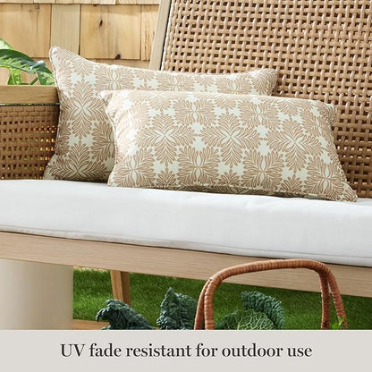 Martha Stewart Tulum Indoor Outdoor Decorative Lumbar Pillow 2-Pack Set, UV Fade Resistant, Water Repellent, Printed Modern Design, Taupe, 11"x18"