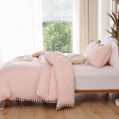 YIRDDEO King Size Comforter Set - King Size Comforter with Ball Pom Fringe, Soft King Bedding Set for All Seasons - 3 Pieces, 1 Comforter (104"x90"inches) & 2 Pillow Shams(20"x36"), Blush