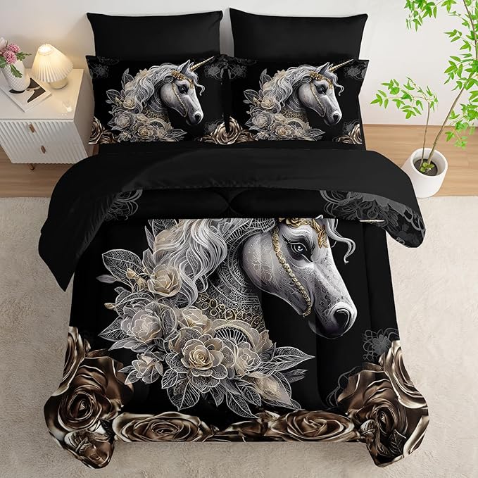 7 Piece King Size Horse Comforter Set with Sheets，King Horse Bedding Sets for Girls (1 Comforter, 1 Flat Sheet, 1 Fitted Sheet, 2 Pillowcase and 2 Pillow Sham)