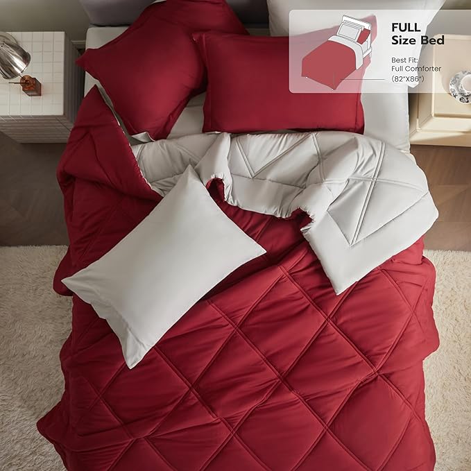 JOIEDOMI Full Size Comforter Set with Sheets Red, 7 Pieces Full Size Bed Set with 1 Down Alternative Comforter, 1 Flat Sheet, 1 Fitted Sheet, 2 Pillowcases and 2 Pillow Shams, Bed in a Bag All Seasons