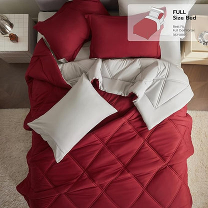 JOIEDOMI Full Size Comforter Set with Sheets Red, 7 Pieces Full Size Bed Set with 1 Down Alternative Comforter, 1 Flat Sheet, 1 Fitted Sheet, 2 Pillowcases and 2 Pillow Shams, Bed in a Bag All Seasons