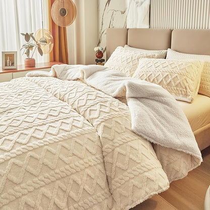 Joyreap 3-Piece Fluffy Faux Fur Sherpa Comforter Set Beige, King Size Luxury Tufted Bedding Comforter Set, All Season Soft n Cozy Plush Comforter Bed Set- 100x88 inches