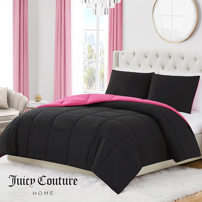Juicy Couture Reversible Box Stitch Comforter Set, 3-Piece Full/Queen – Hot Pink/Black – Glam Bedding Set