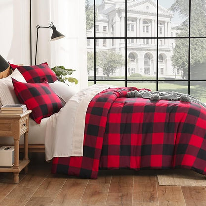 Andency Red and Black Plaid Comforter Set Queen(90x90Inch), 3 Pieces Buffalo Plaid Checkered Gingham Bedding Comforter Sets, Soft Burgundy Lightweight Geometric Down Alternative Bed Set
