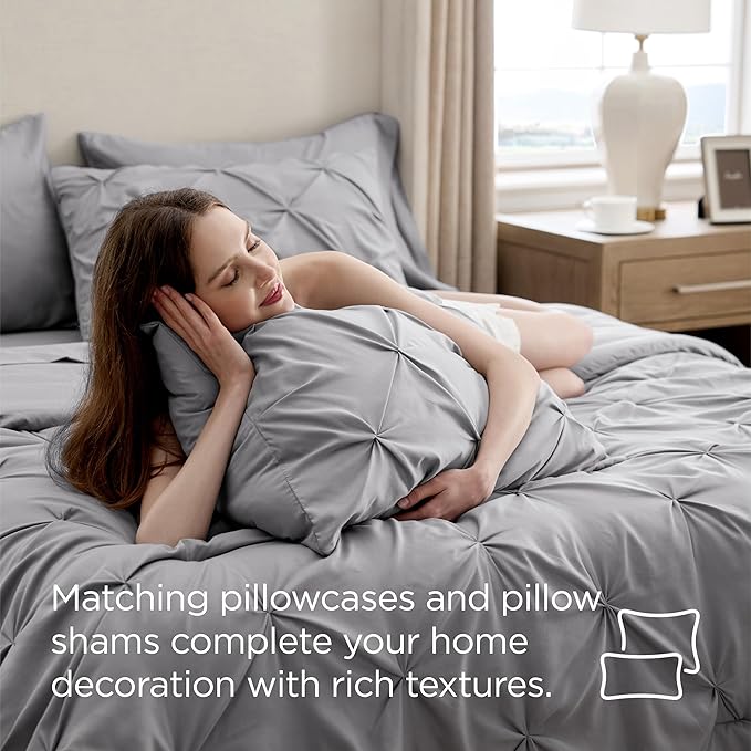 Bedsure Oversized King Comforter Set Grey - Bed in a Bag Bedding Set 7 Pieces, GentleSoft™ Pintuck Bed Set Gift for Family, Pinch Pleat Grey Comforter with Sheets, Pillowcases & Shams