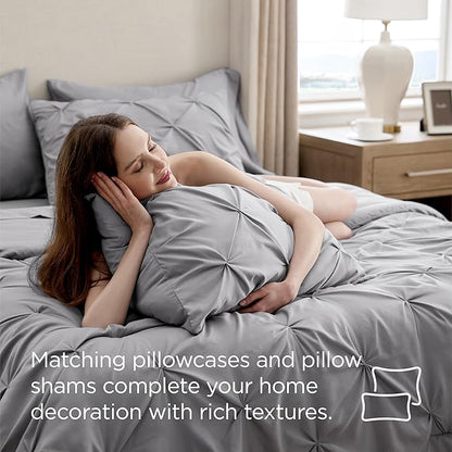 Bedsure Oversized Queen Comforter Set Grey - Bed in a Bag Bedding Set 7 Pieces, GentleSoft™ Pintuck Bed Set Gift for Family, Pinch Pleat All Season Comforter with Sheets, Pillowcases & Shams
