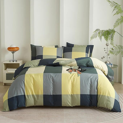 mixinni Queen Comforter Set Men Boys Geometric Checkered Plaid Pattern Bedding Comforter for All Season Soft Lightweight Bedding Set-(Queen Size, Green,Yellow,Khaki)