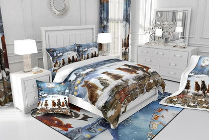 Merry Christmas Bedding Set Full Size,Watercolor Cat Comforter Set 3Pcs for Kids Girls Boys Teens Room Decor,Santa Clause Sleigh Quilt Set Funny Winter Painting Art Duvet Insert,2 Pillowcases
