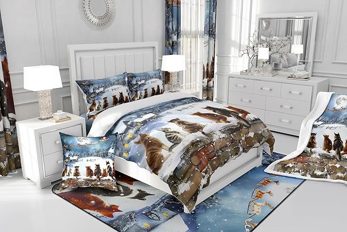 Merry Christmas Comforter Set Queen Size,Watercolor Cat Bedding Set 3Pcs for Kids Girls Boys Teens Room Decor,Santa Clause Sleigh Quilt Set Funny Winter Painting Art Duvet Insert,2 Pillowcases