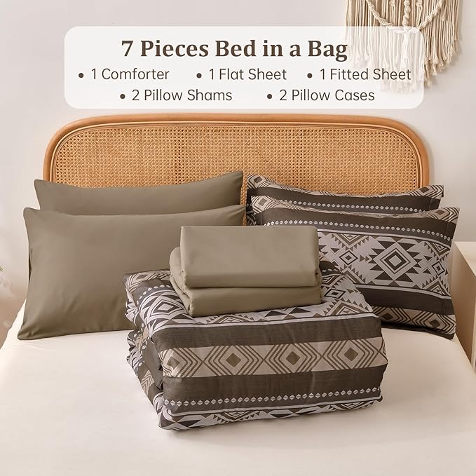 Anibedding Brown King Size Comforter Set 7 Pieces Boho Western Bedding Set for All Season, Aztec Bed in a Bag King Soft Microfiber Comforter Set with Sheets, Pillowcases & Shams