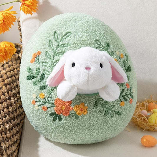 Phantoscope Happy Easter Egg Shaped Throw Pillow with Bunny, Teddy Fleece Soft Egg Pillow with Floral Embroidered Decorative Pillows for Couch Sofa Bed Chair, Favors Gifts, Green, 14.5 x 12.5 Inches
