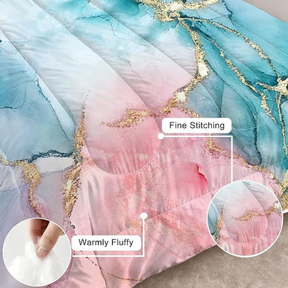 Pink Teal Marble Bedding Set Abstract Art Marbled Comforter Sert Full Size for Kids Girls Teens Marbling Pastel Bed Set Watercolor Pink Teal Blue Quilt Set with 1 Comforter + 2 Pillowcases