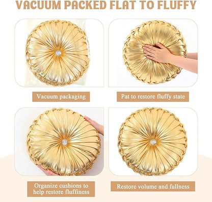 4 Pcs Round Throw Pillows Decorative Polyester Pleated Throw Pillows 15'' Diameter Accent Pumpkin Boho Chair Cushion for Couch Sofa Chair Bed Home Decoration (Gold)