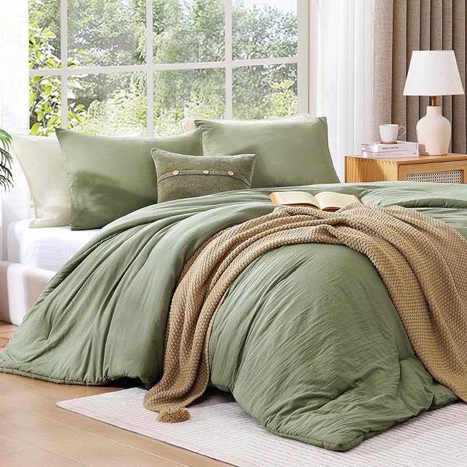 WRENSONGE Full Size Comforter Sets - 3 Pieces Green Comforter Prewashed Soft Lightweight for All Seasons, Fluffy Down Alternative Comforter Full Size with 2 Pillow Shams